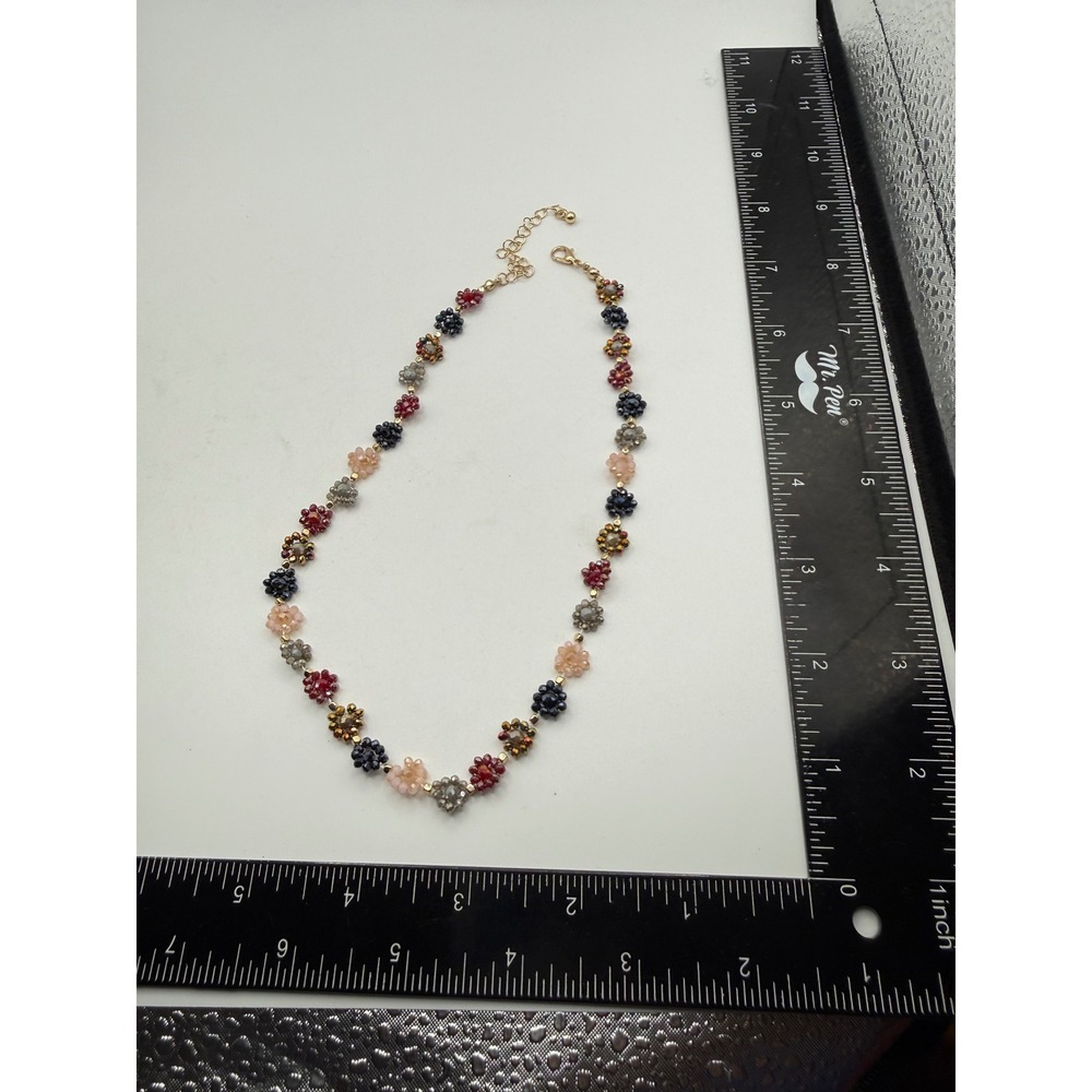 Multicolor Beaded‎ Flower Cluster Necklace Gold Tone Adjustable Boho Floral